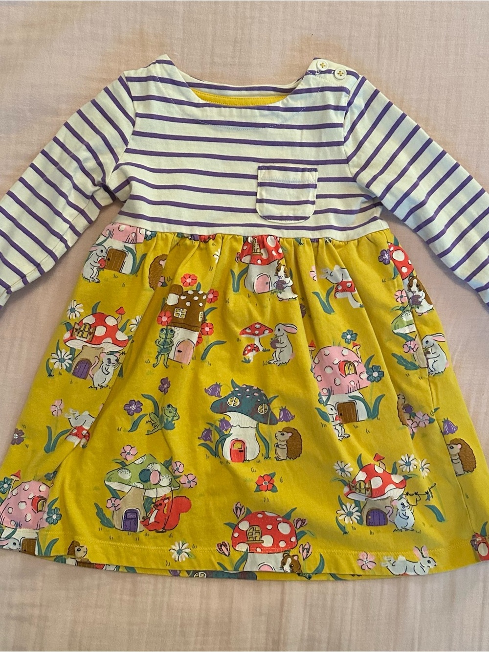 Mini Boden Yellow Mushroom & Animal Print Long-Sleeve Dress